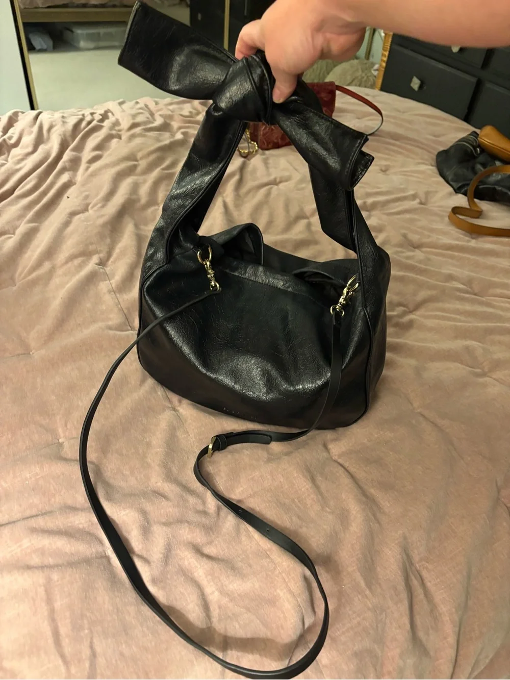 Melie Bianco Black Knot-Top Hobo and Crossbody Bag